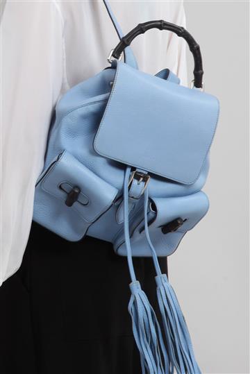 Mochila Gucci Bamboo Tassel Couro Azul