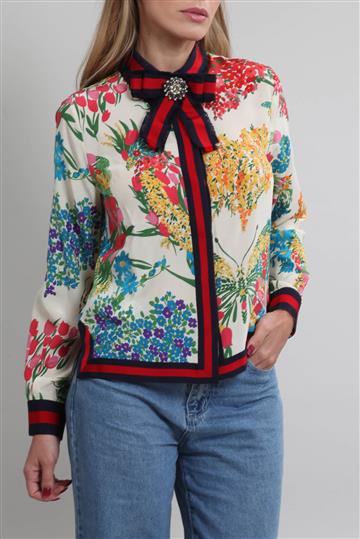 Camisa Gucci Seda Laço e Broche Colorida