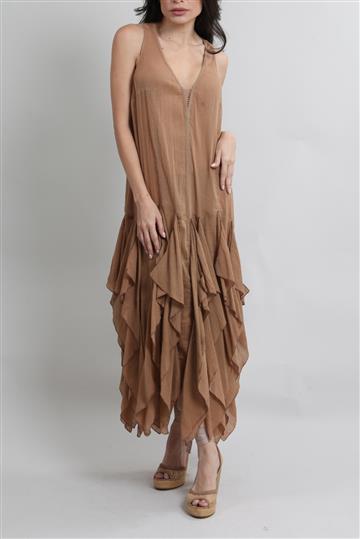 Vestido De Goeye Fluido Ponta de Lenço Bege