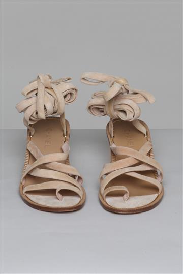 Sandália Chanel Camurça Gladiadora Salto Bloco Bege