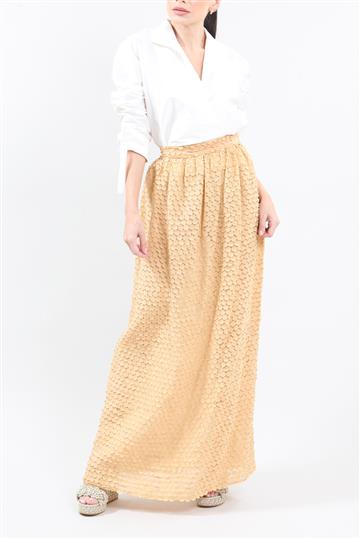 Saia Paula Raia Longa de Seda com Aplicações Círculos Bege