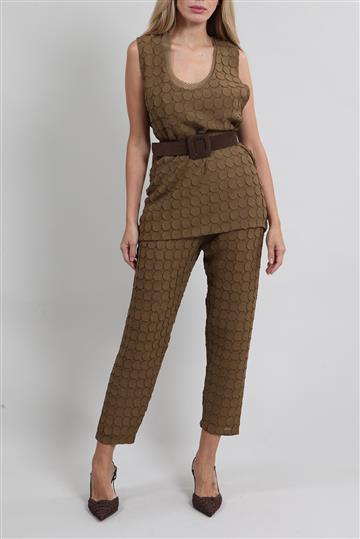 Conjunto Paula Raia Calça, Top, Regata e Cinto Camurça Marrom